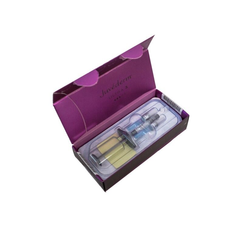 Juvederm gezichtsfiller met hyaluronzuur, ontworpen om de huidelasticiteit te verbeteren en tekenen van veroudering in het gezicht te verminderen